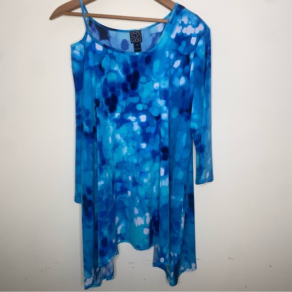 SOLD✨Clara SunWoo Top Women's 1X Blue Print Tunic Asymmetric 3/4 Sleeves Flowy - Picture 1 of 4